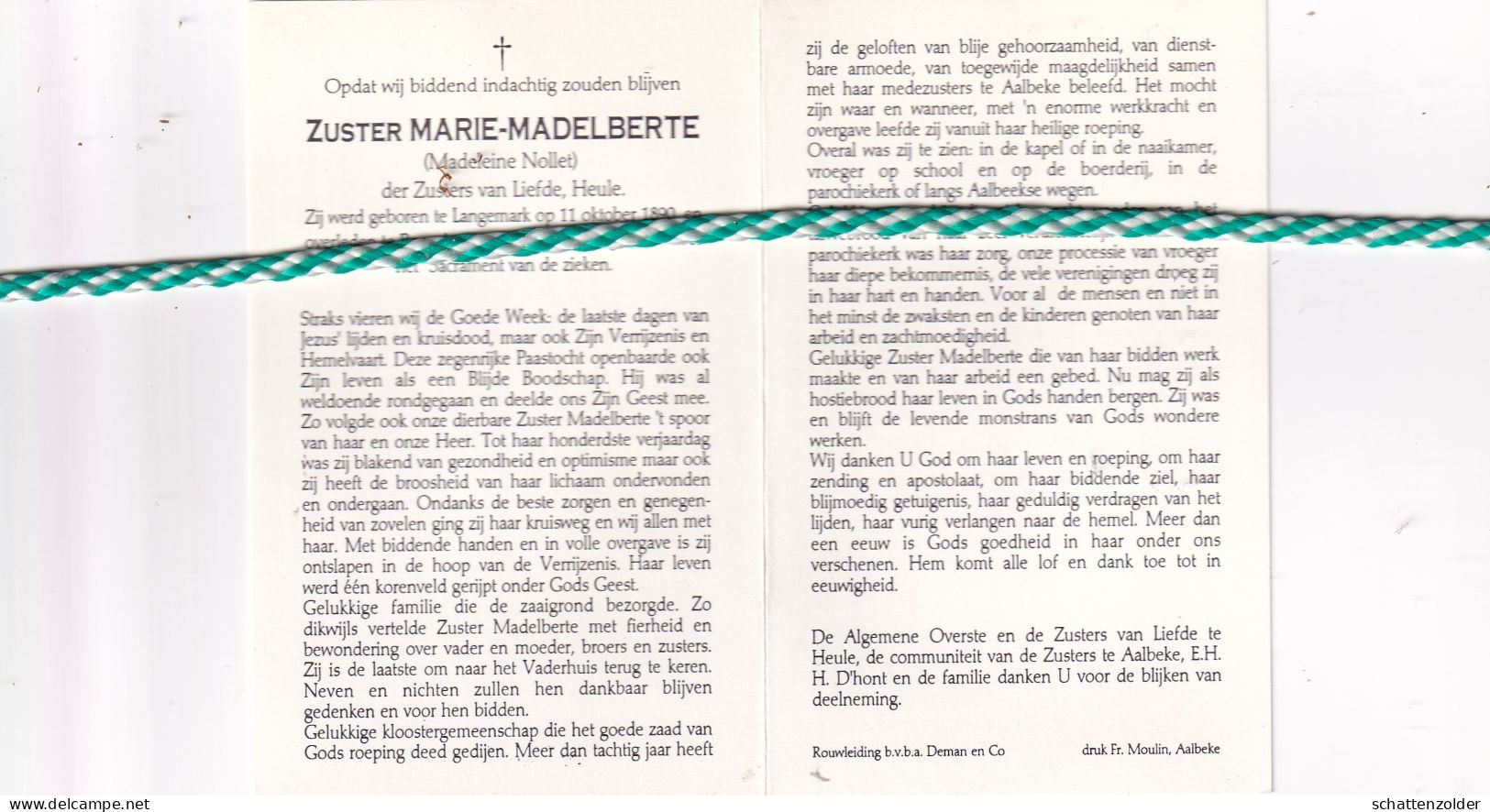 Zuster Marie-Madelberte (Madeleine Nollet), Langemark 1890, Roeselare 1991. Honderdjarige - Obituary Notices
