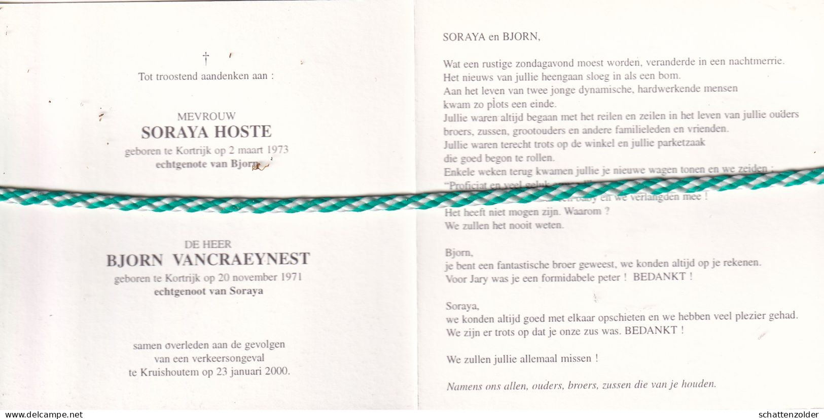 Soraya Hoste (Kortrijk,1973) En Bjorn Vancraeynest (Kortrijk,1971), Kruishoutem 2000. Foto - Todesanzeige