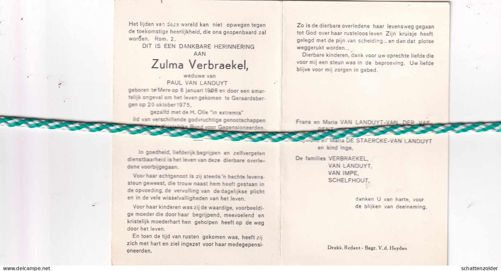 Zulma Verbraekel-Van Landuyt, Mere 1908, Geraardsbergen 1975 - Avvisi Di Necrologio