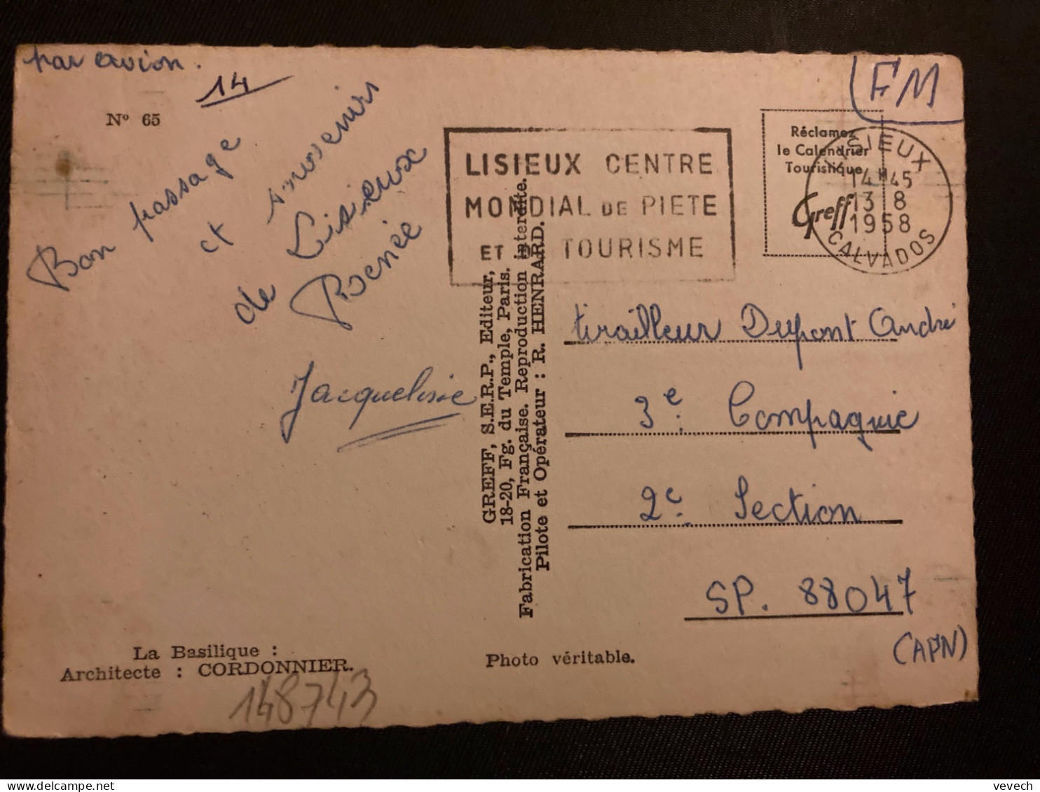 CP SOUVENIR DE LA COTE FLEURIE En FM OBL.MEC.13-8 1958 LISIEUX CALVADOS (14) Pour Tirailleur DUPONT André SP 88 047 AFN - Military Postmarks From 1900 (out Of Wars Periods)