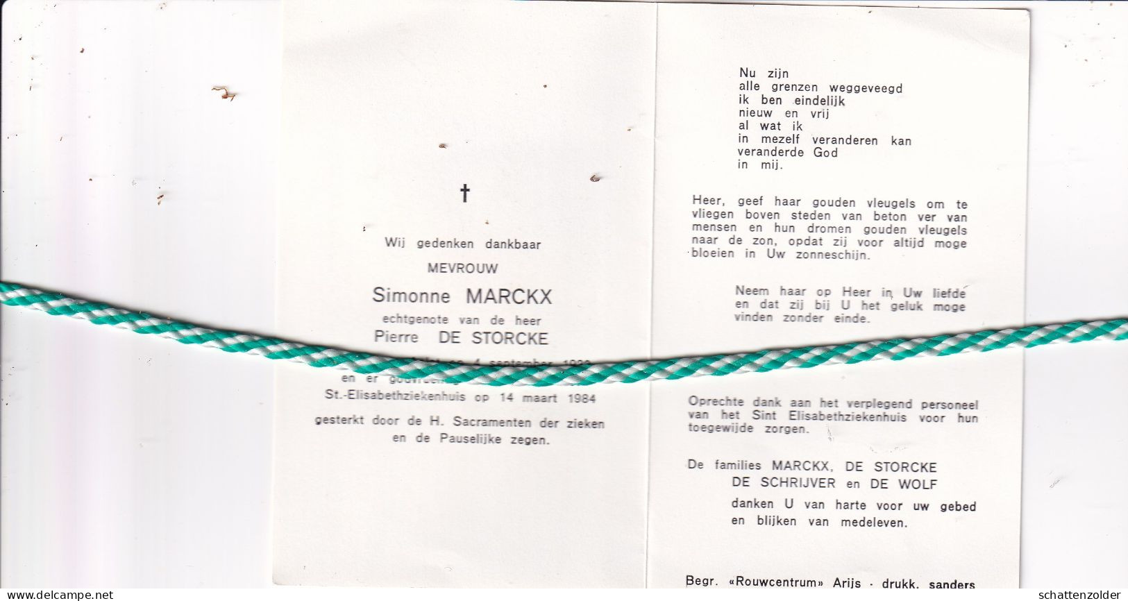 Simonne Marckx-De Storcke, Aalst 1932, 1984 - Overlijden