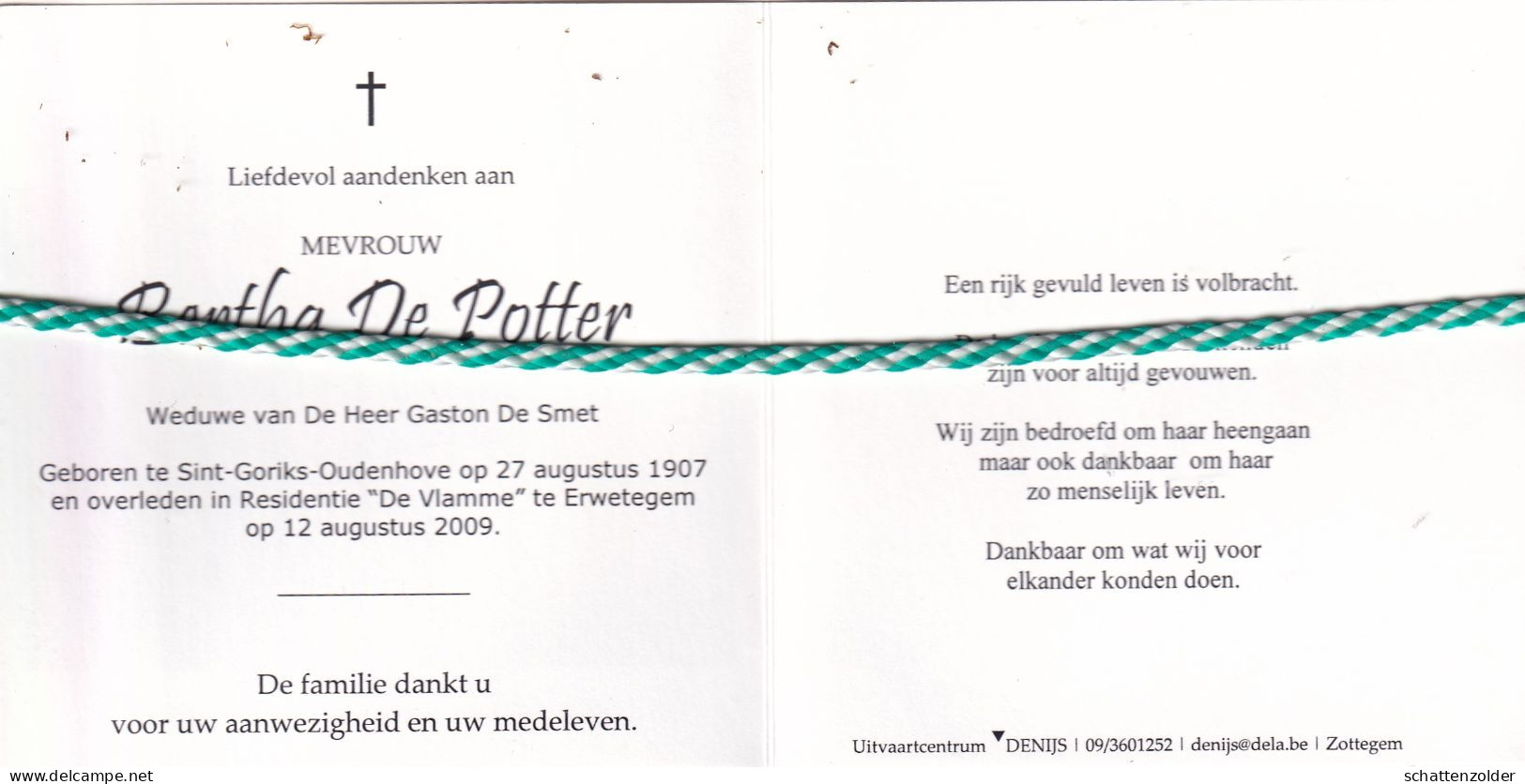 Bertha De Potter-De Smet, Sint-Goriks-Oudenhove 1907, Erwetegem 2009. Honderdjarige. Foto - Todesanzeige