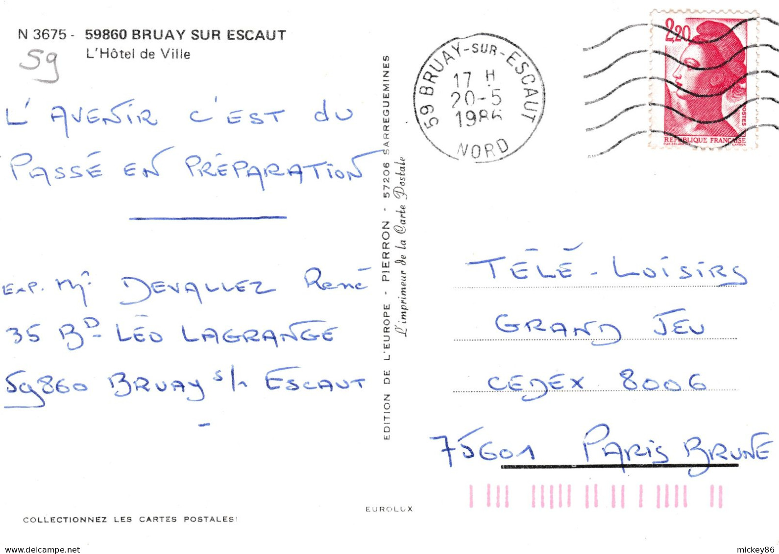 BRUAY SUR ESCAUT --1986--L'Hotel De Ville  ( Voitures).....timbre ....cachet - Bruay Sur Escaut