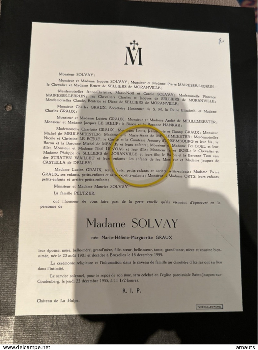 Madame Solvay Ne Graux Marie *1901 +1955 Bruxelles Ixelles Chateau De La Hulpe De Selliers De Moranville Le Boeuf Hankar - Obituary Notices