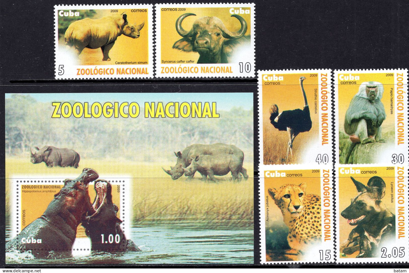 Cuba 2009 - Fauna - Monkey-Leopard-Ostrich  - MNH Set + Souvenir Sheet - Ongebruikt