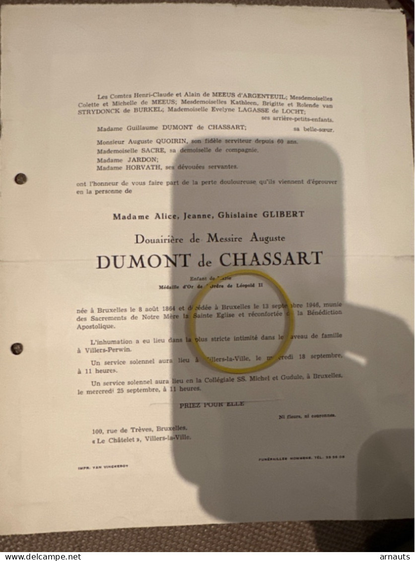 Madame Gilbert Douairiere Messire Dumont De Chassart *1864 Bruxelles +1946 Bxl Villers-Perwin Horvath Sacre Quoirin Meda - Décès