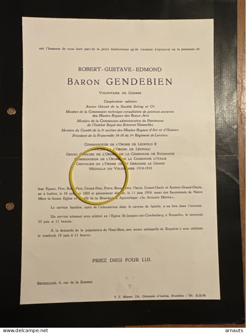 Baron Gendebien Coöperateur Salesien Solvay & Co *1885 Ixelles +1954 Bxl Drugman Washer Jooris Servagnat Henry De Frahan - Décès