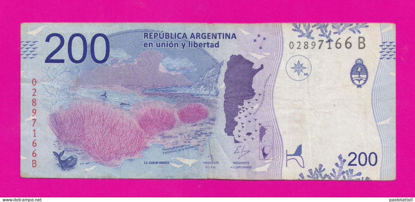 Argentina , 2016-2018- 200 Pesos. Obverse Ballena Franca Austral.Reverse Penisula Valdes - - Argentina