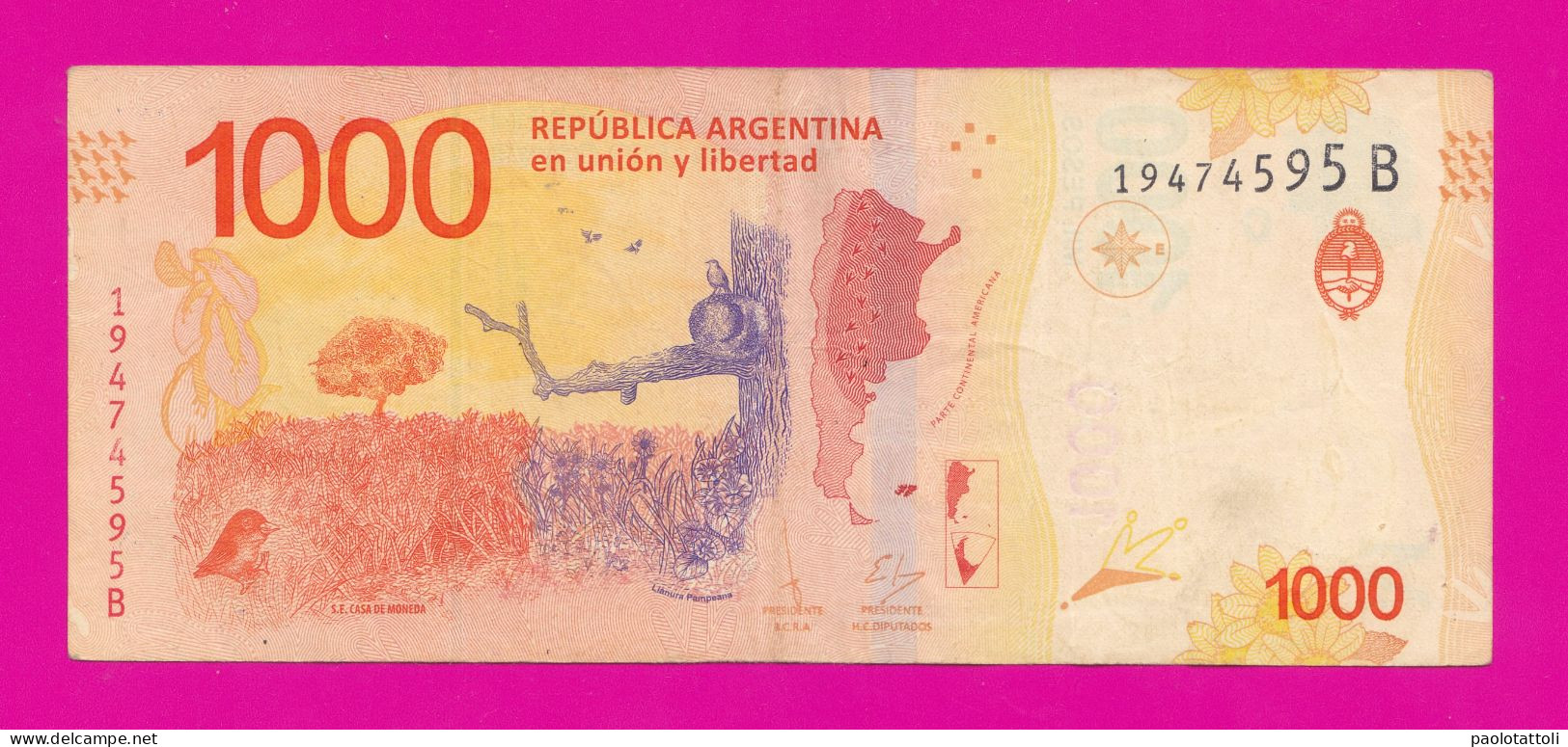 Argentina , 2017-2018- Suffix B- 1000 Pesos. Obverse Hornero, National Bird. Reverse Pampa. - Argentinië
