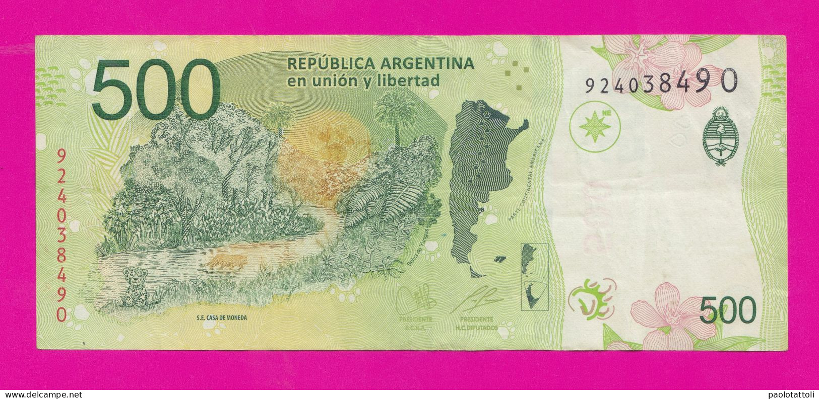 Argentina , 2020-2022- 500 Pesos. Obverse  Jaguar. Reverse Selva De Yungas - President Central Bank  Miguel Angel Pesce- - Argentine