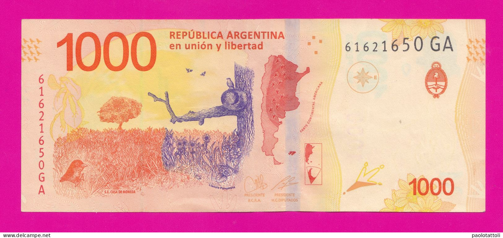Argentina , 2020-2022- 1000 Pesos, Suffix GA. Obverse Hornero, National Bird. Reverse Pampa. - Argentine