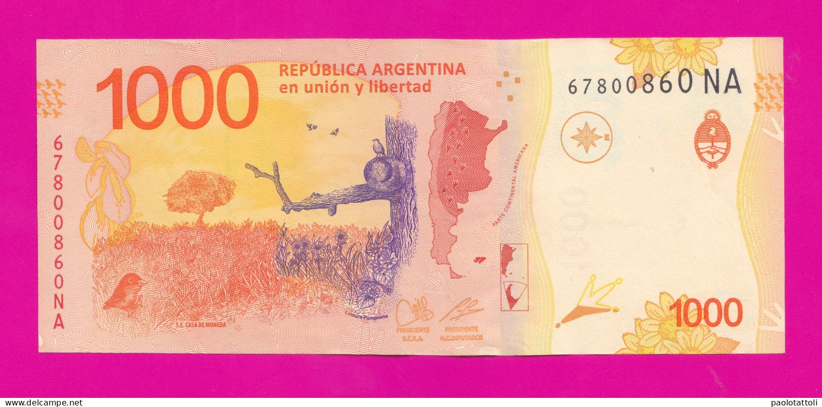 Argentina , 2020-2022- Suffix 59NA- 1000 Pesos. Obverse Hornero, National Bird. Reverse Pampa. - Argentina