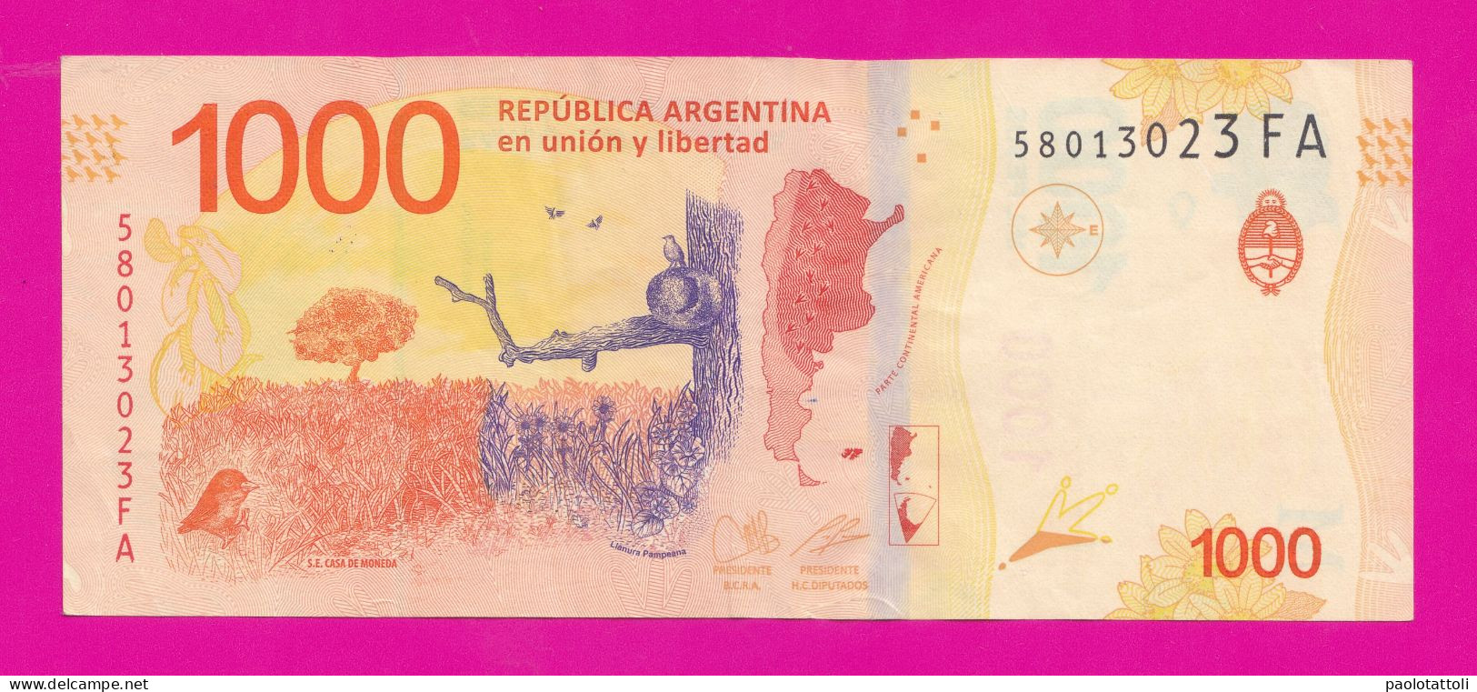 Argentina , 2020-2022- Suffix FA- 1000 Pesos. Obverse Hornero, National Bird. Reverse Pampa. - Argentinien