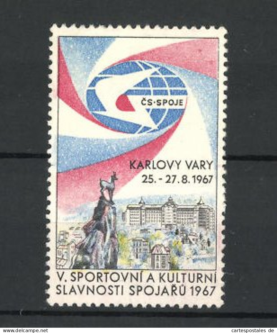 Reklamemarke Karlovy Vary, V. Sportovni A Kulturni Slavnosti Spojaru 1967, Stadtansicht  - Cinderellas