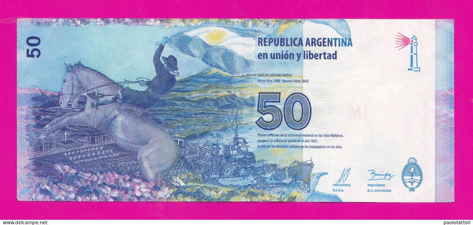 Argentina ,2015 - 50 Pesos. Suffix 76A.Obverse Outlines Of Islas Malvinas. Reverse Gaucho Antonio Rivero. - Argentina