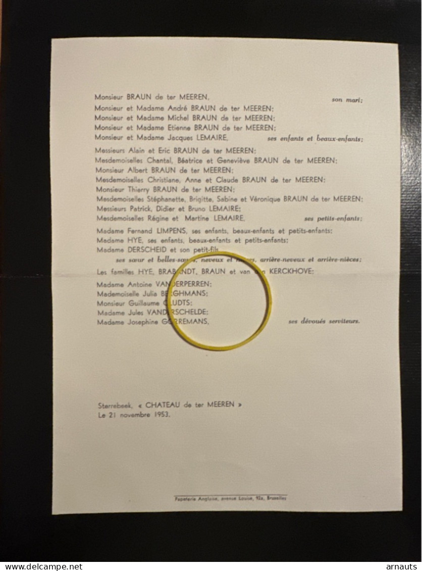 Dame Braun De Ter Meeren Epouse Braun Nee Heye +1953 Wezembeek-Oppem Sterrebeek Van Den Kerckhoven Derscheid Limpens Bra - Overlijden