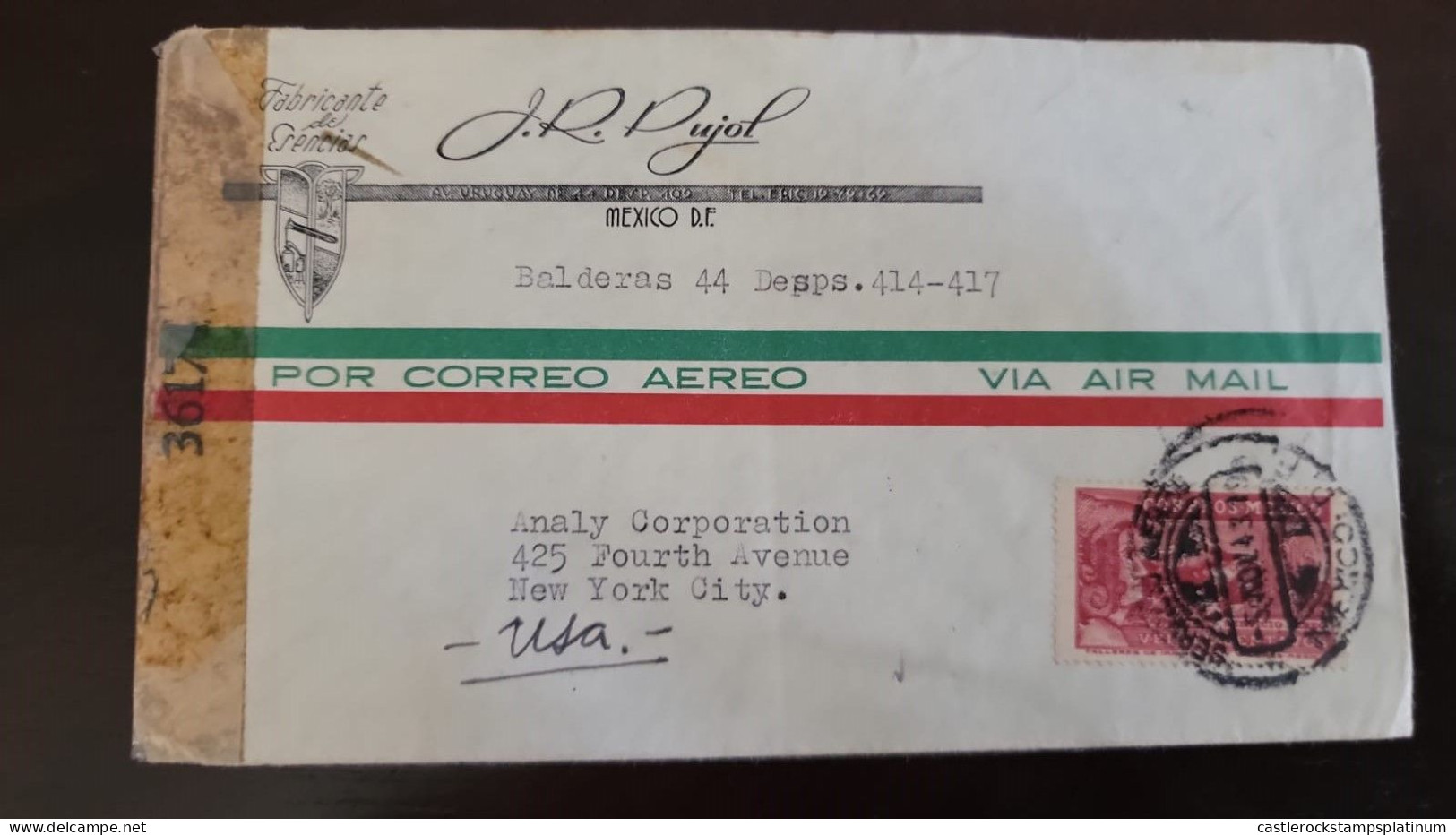 O) 1943 MEXICO, CENSORSHIP. EAGLE MAN, SERVICIO AEREO CANCELLATION, J. R. PUJOL, CIRCULATED TO USA - Mexiko