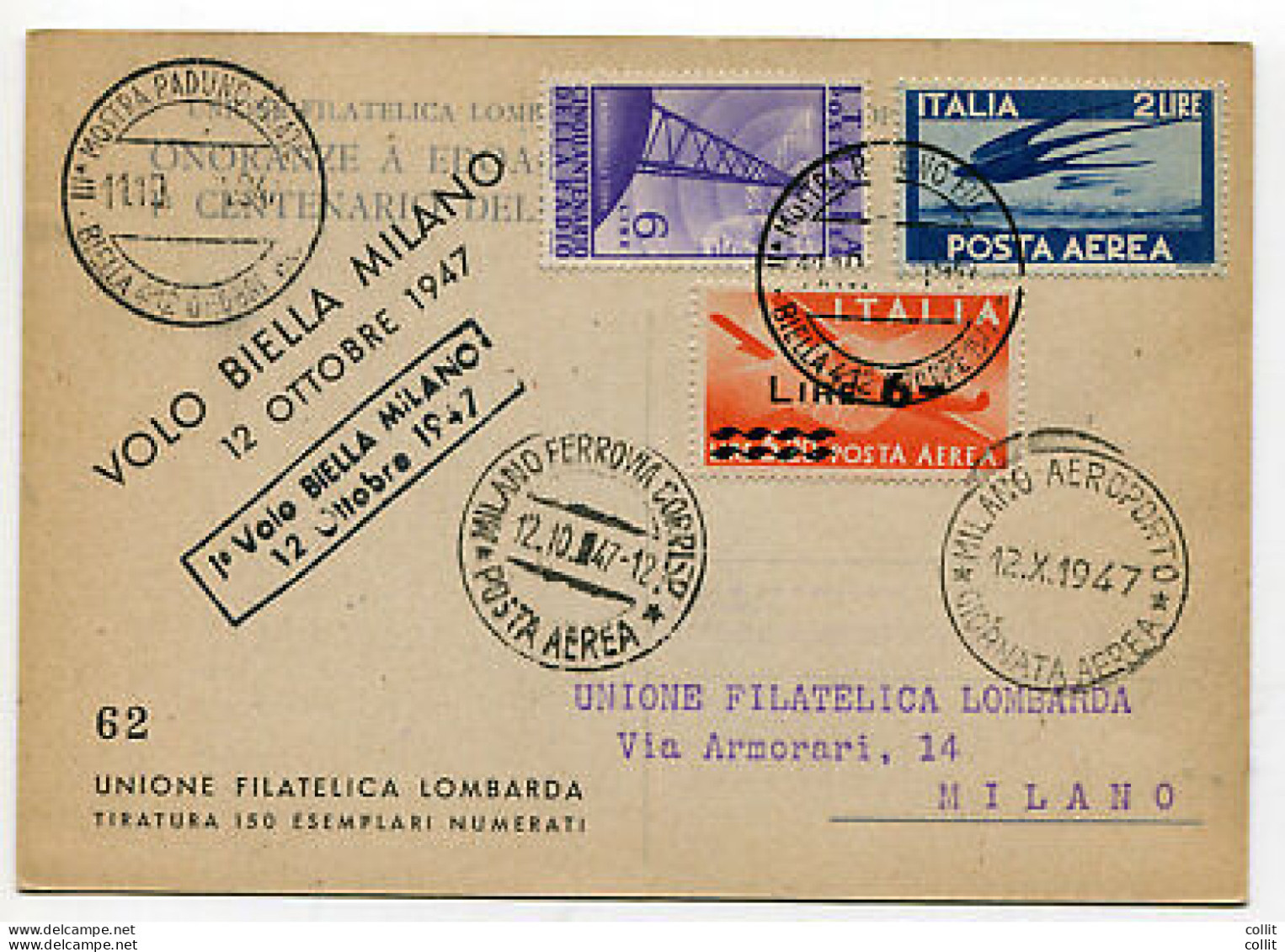 Volo Sperimentale Biella/Milano Del 12.10.47 - Cartolina Per Milano - Airmail