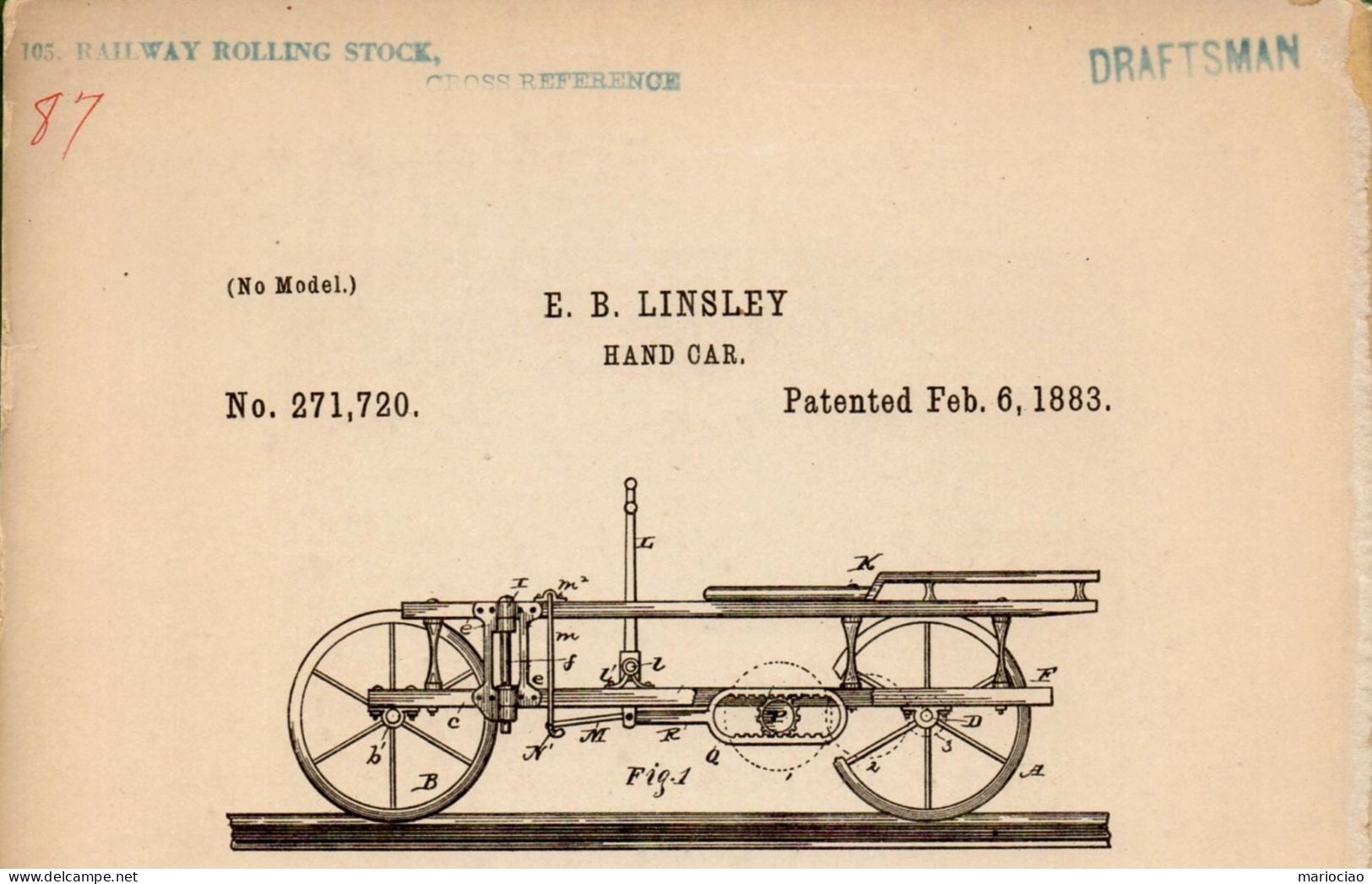 D-US HAND CAR For Rail Road 1883 Vintage REAL Patent N. 271720 - Historische Dokumente