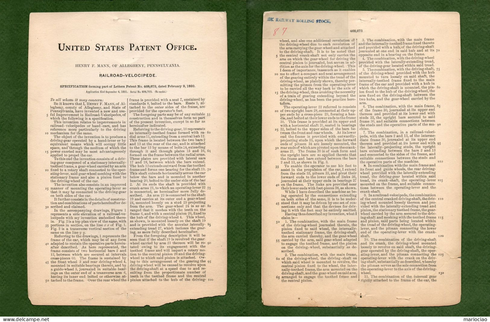 D-US RAILROAD VELOCIPEDE 1892 Vintage REAL Patent N. 468673 - Historical Documents