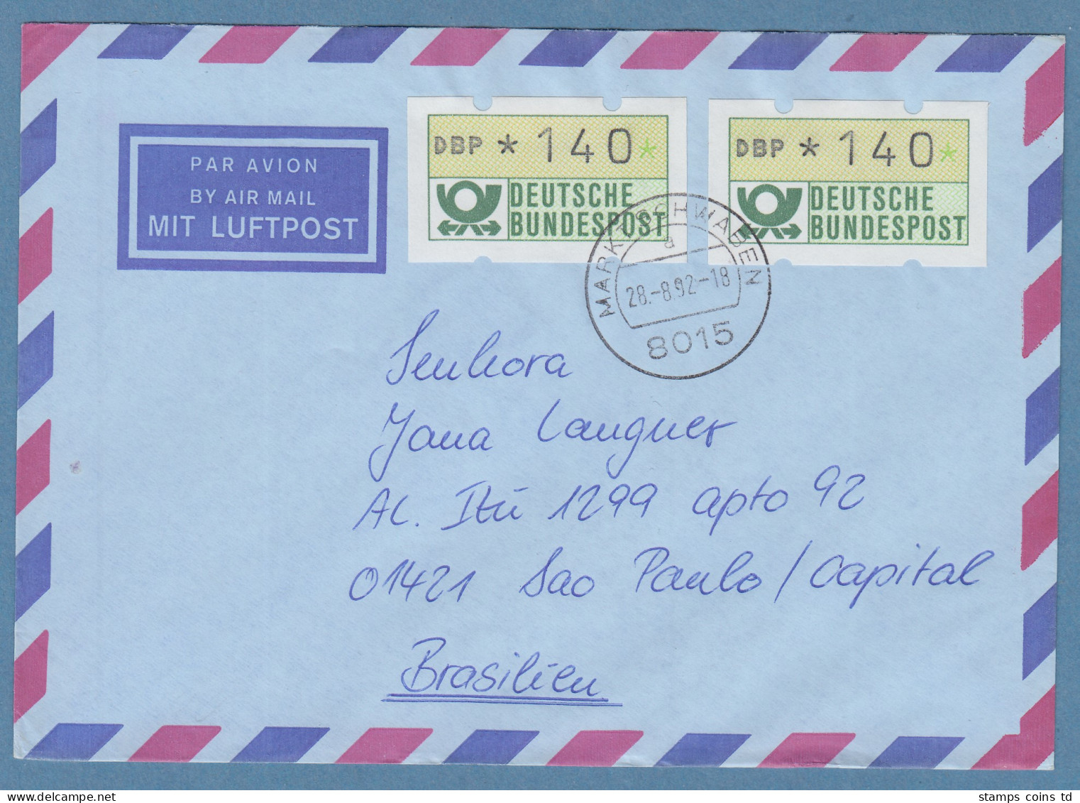 NAGLER-ATM Mi-Nr 1.2 Wert 140Pfg MEF Auf Lp-Brief N. Brasilien, O MARKT SCHWABEN - Viñetas De Franqueo [ATM]