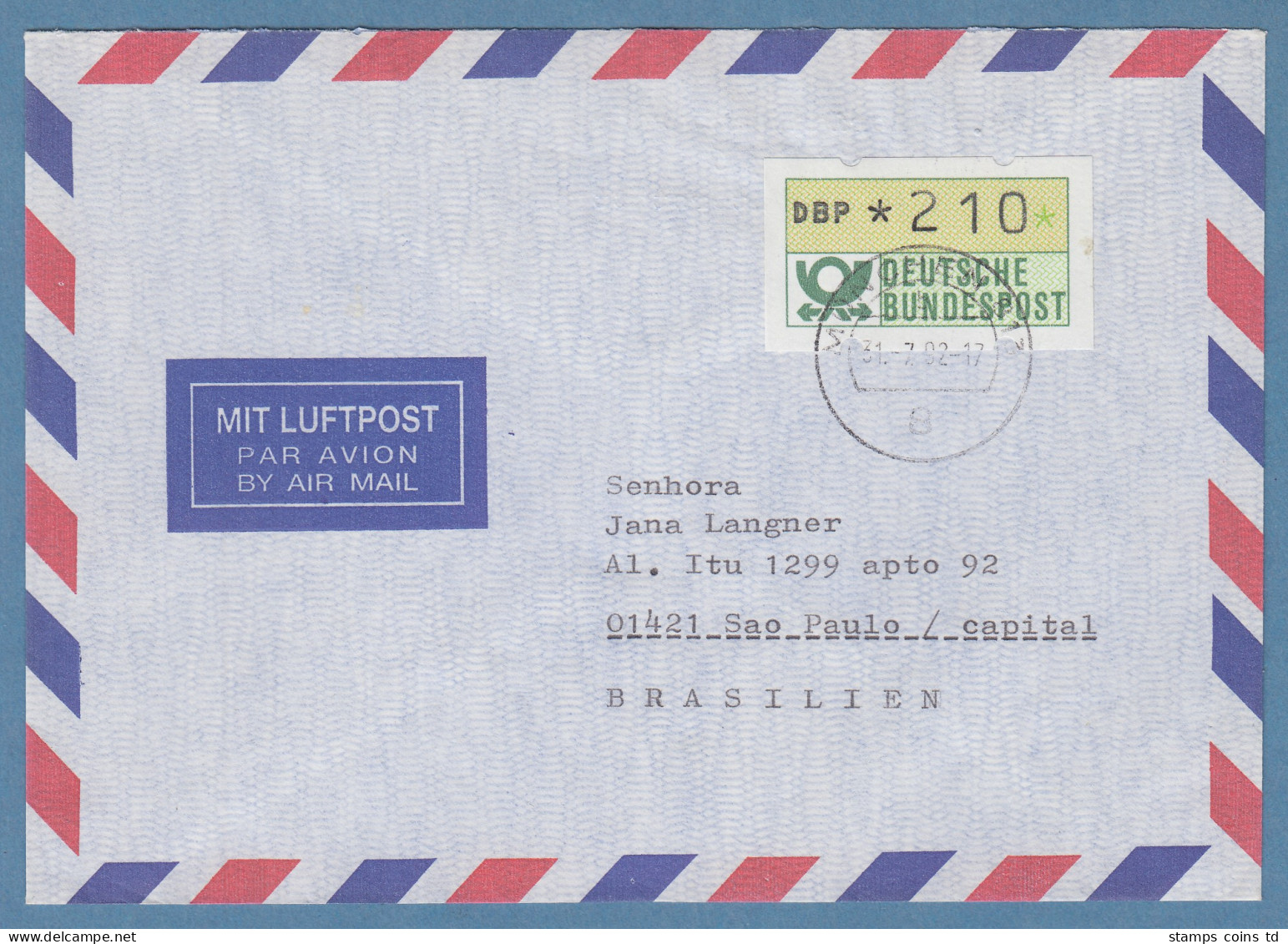 NAGLER-ATM Mi-Nr 1.2 Wert 210Pfg Als EF Auf Lp-Brief N. Brasilien, MÜNCHEN 813  - Automaatzegels [ATM]