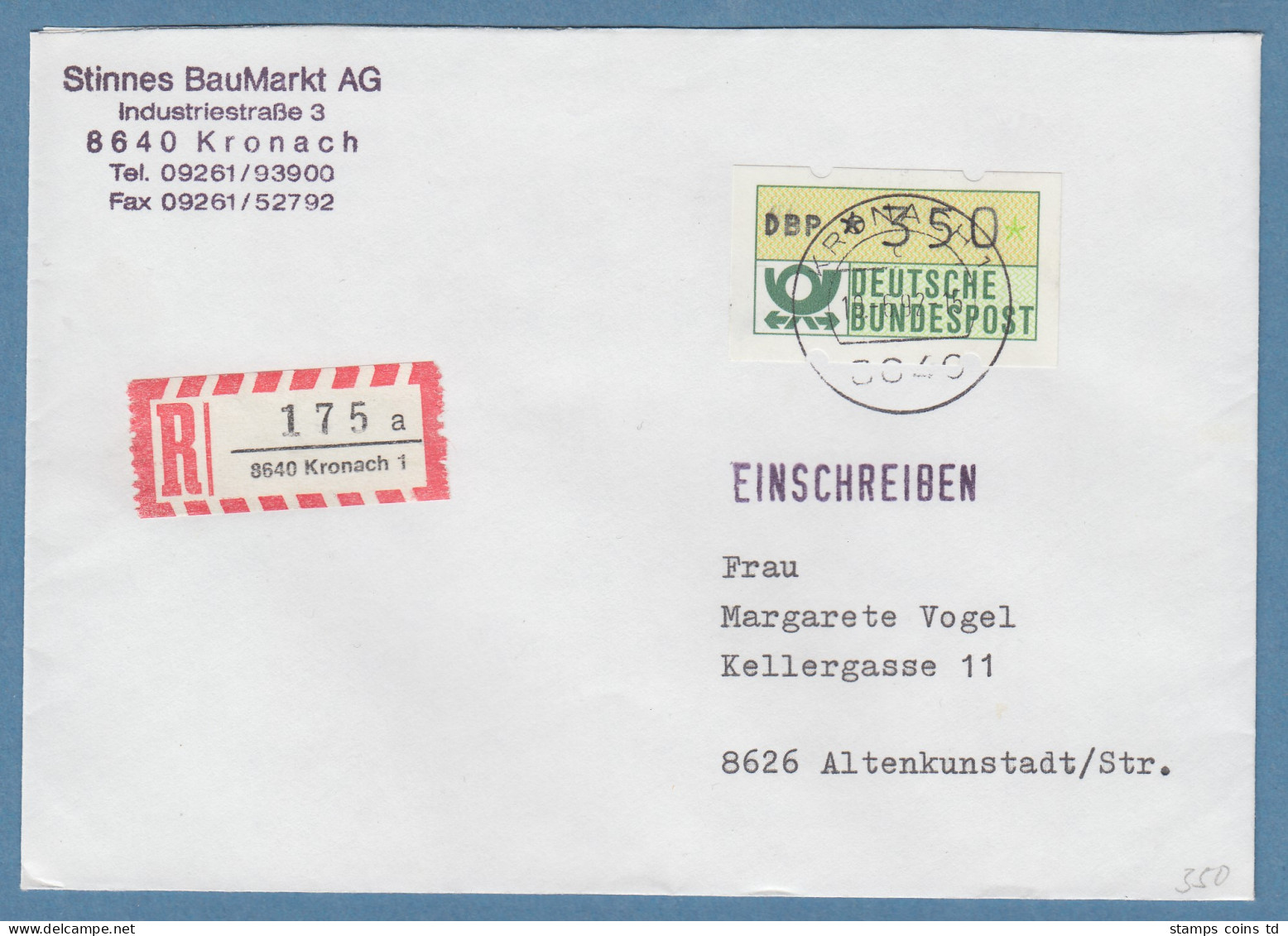 NAGLER-ATM Mi-Nr 1.2 Wert 350Pfg Als EF Auf R-Brief Ab KRONACH 19.6.92 - Timbres De Distributeurs [ATM]