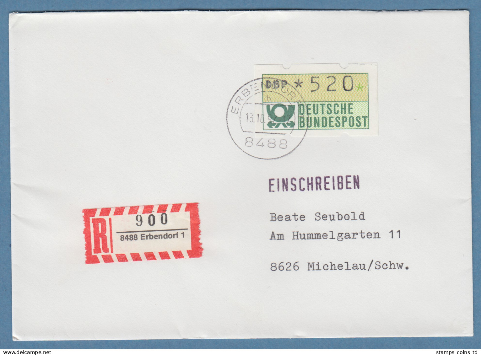 NAGLER-ATM Mi-Nr 1.2 Wert 520Pfg Als EF Auf R-Brief Ab ERBENDORF 13.10.92 - Timbres De Distributeurs [ATM]