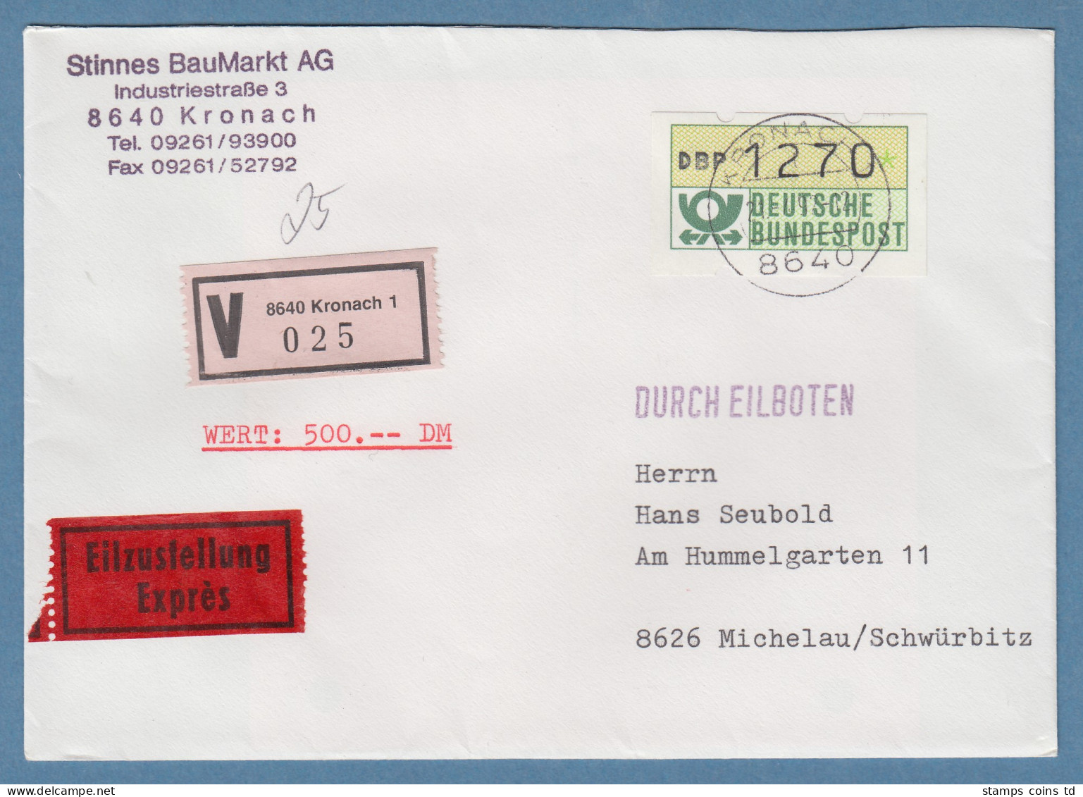 NAGLER-ATM Mi-Nr 1.2 Wert 1270Pfg Auf Eil-Wert-Brief Ab KRONACH 21.4.92 - Automaatzegels [ATM]
