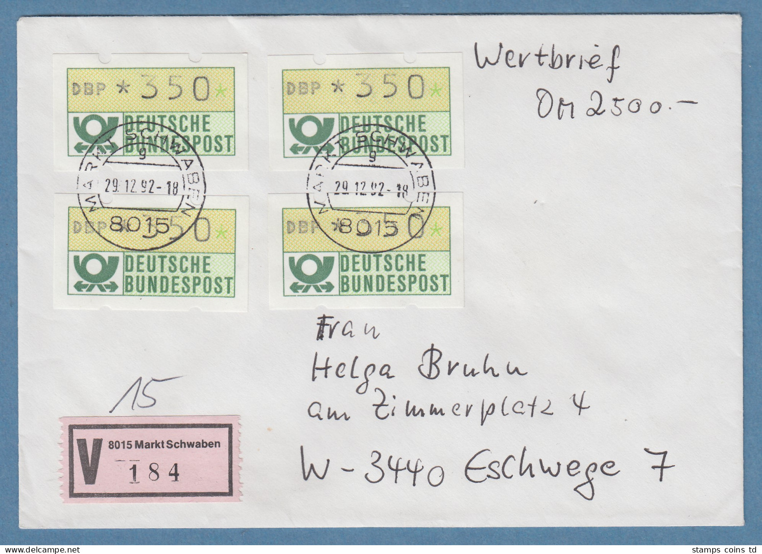 NAGLER-ATM Mi-Nr 1.2 Wert 350Pfg 4x Als MEF Auf Wertbrief über 2500,- DM, 1992 - Automaatzegels [ATM]
