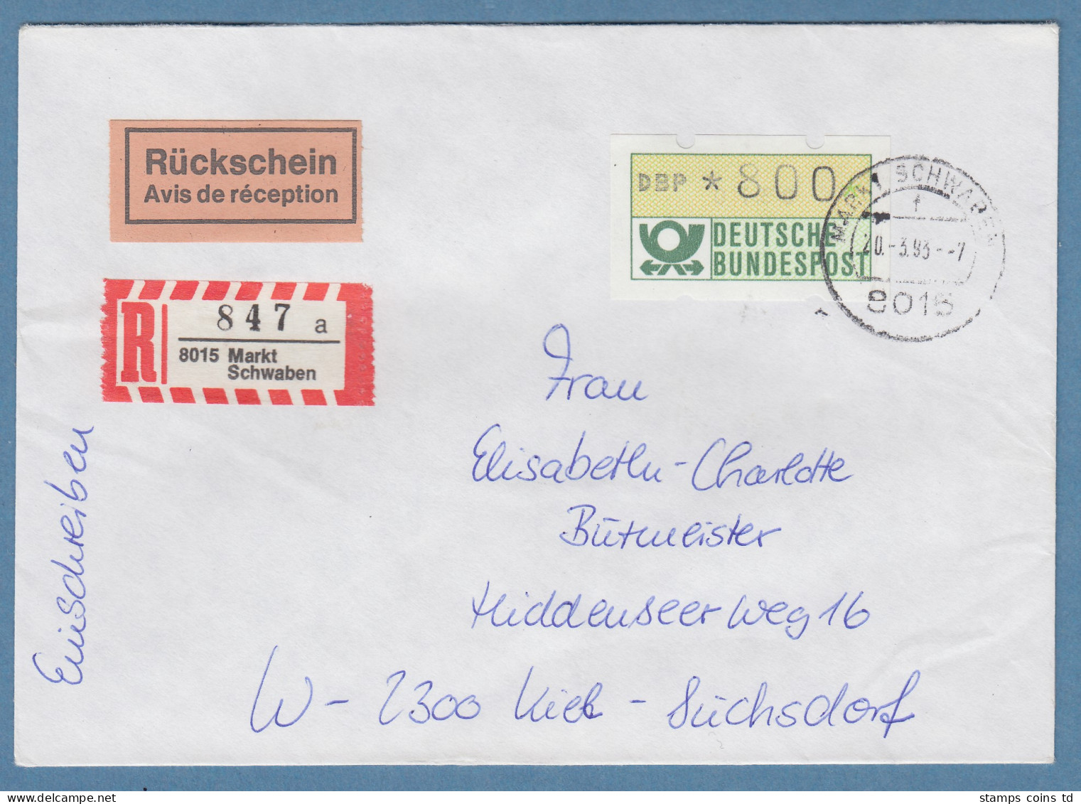 NAGLER-ATM Mi-Nr 1.2 Wert 800Pfg Auf R-Rückschein-Bf. Ab MARKT SCHWABEN 20.3.93 - Automaatzegels [ATM]