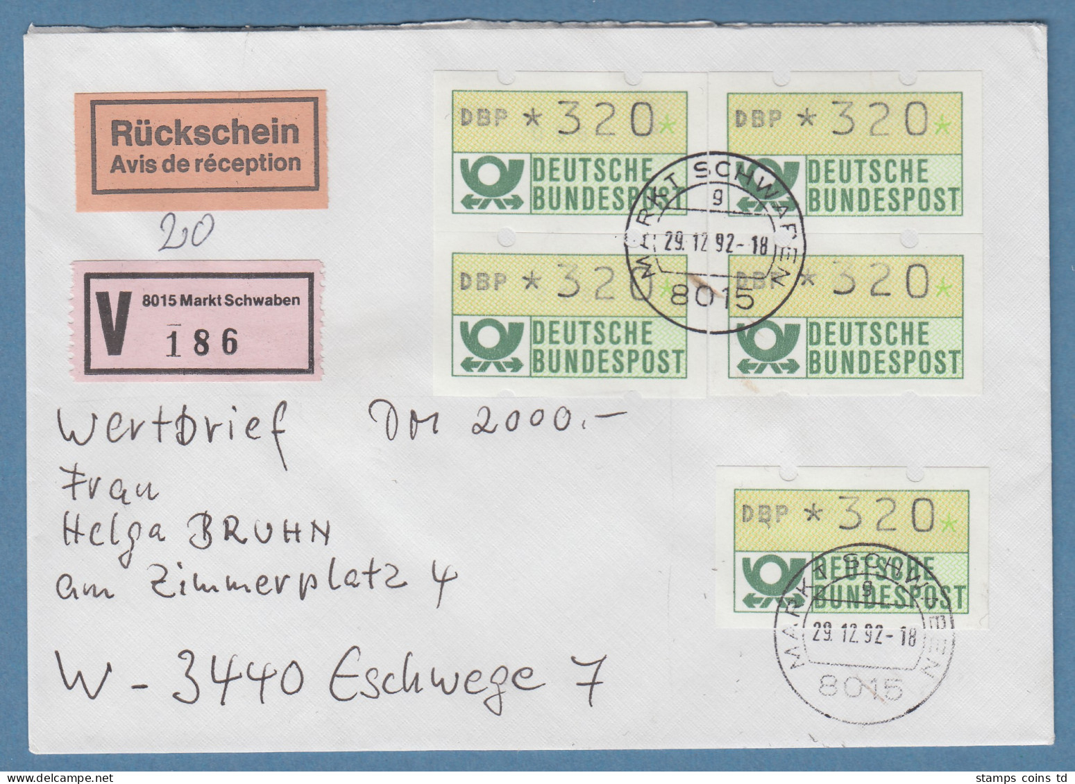 NAGLER-ATM Mi-Nr 1.2 Wert 320 5x Als MEF Auf Rsch-Wertbrief 2000,-DM , 29.12.92  - Automaatzegels [ATM]