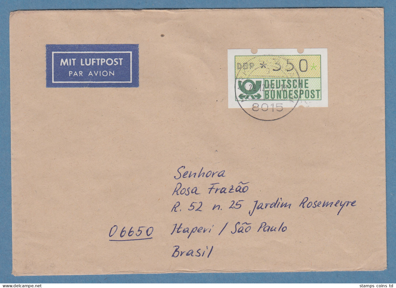 NAGLER-ATM Mi-Nr 1.2 Wert 350Pfg Als EF Auf Lp-Brief Nach Brasilien, 29.12.92 - Automaatzegels [ATM]