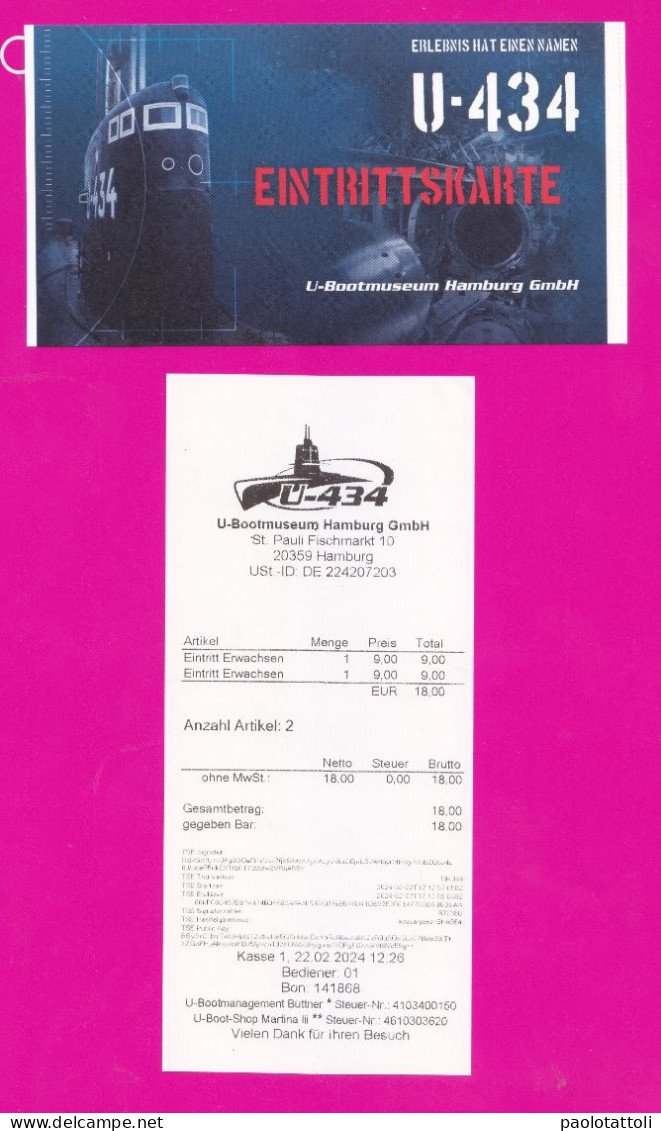 Hamburg, 22.2.2024- Ticket For Submarine Museum. U-Boat Mueseum. U-434 + Brochure . Set Of Three Items - Eintrittskarten