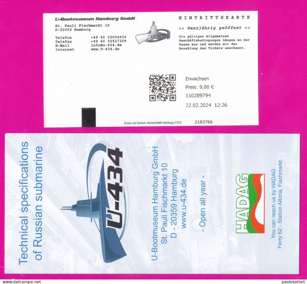 Hamburg, 22.2.2024- Ticket For Submarine Museum. U-Boat Mueseum. U-434 + Brochure . Set Of Three Items - Tickets - Vouchers