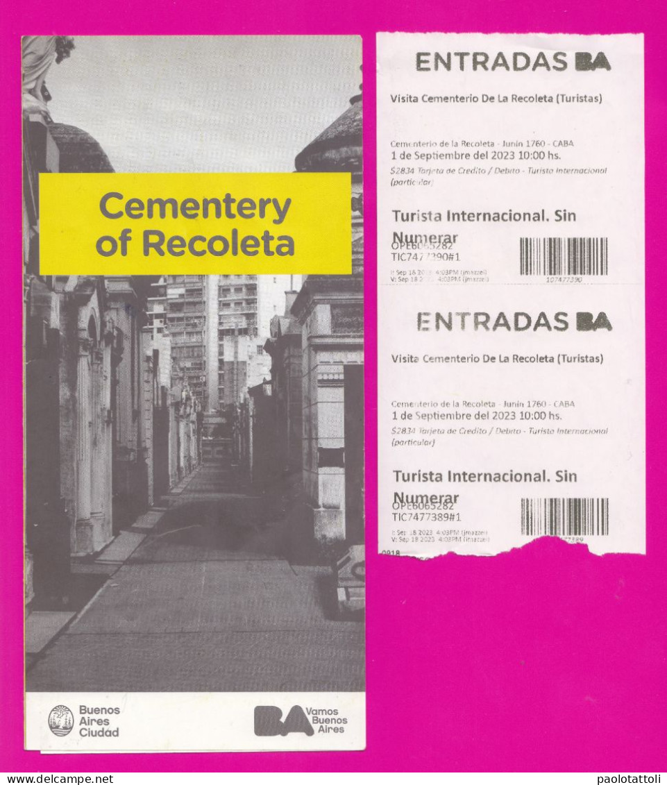 Argentina. Buenos Aires- Ticket + Brochure Cementery Of Recoleta. Tichet Dated 1.September.2023 - Tickets D'entrée
