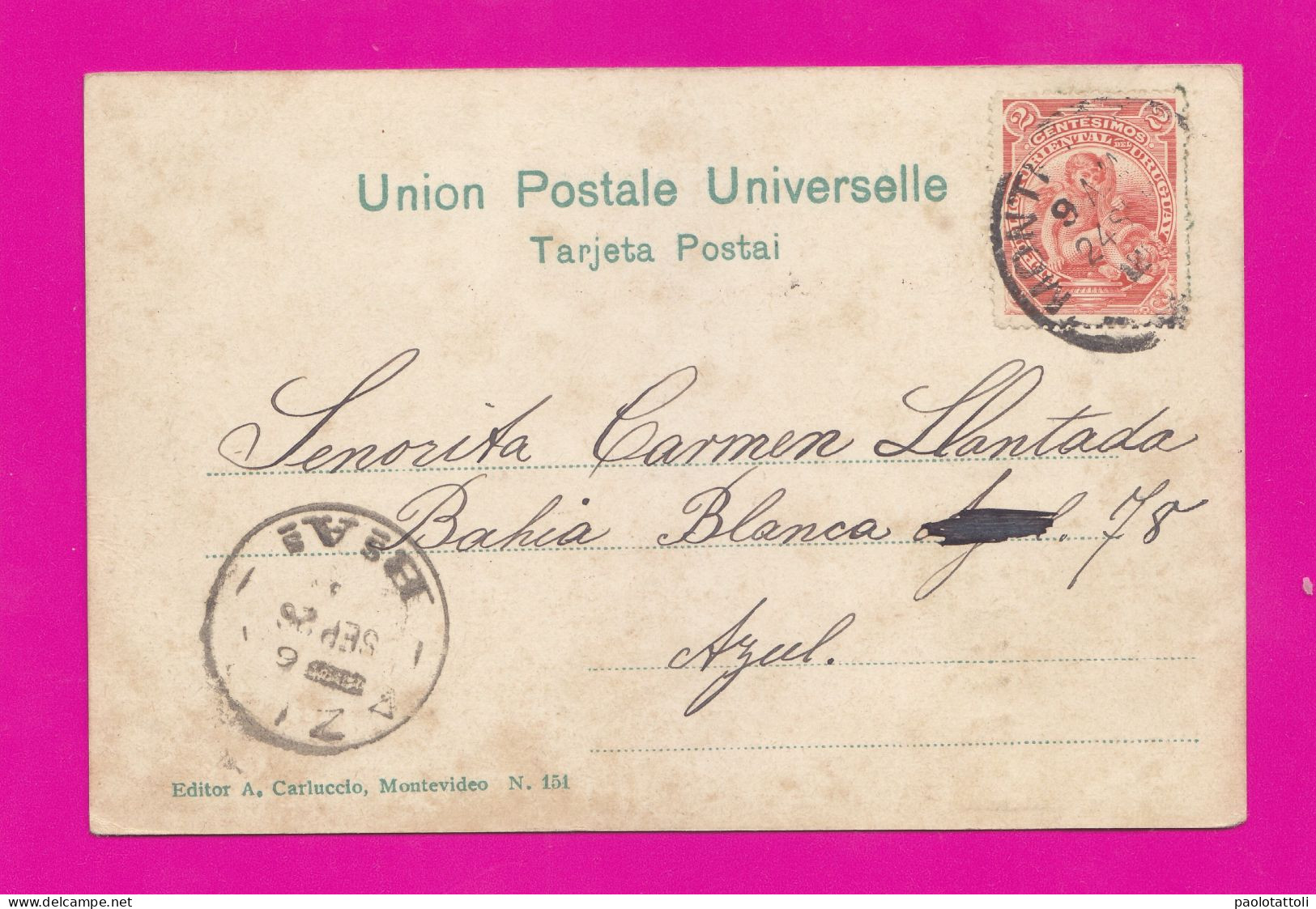 Montevideo. Pocitos, Teraza- Small Size, Back Not Divided, Cancelled And Mailed To Azul On 24.9.1908. Ed. A.Carluccio, - Uruguay