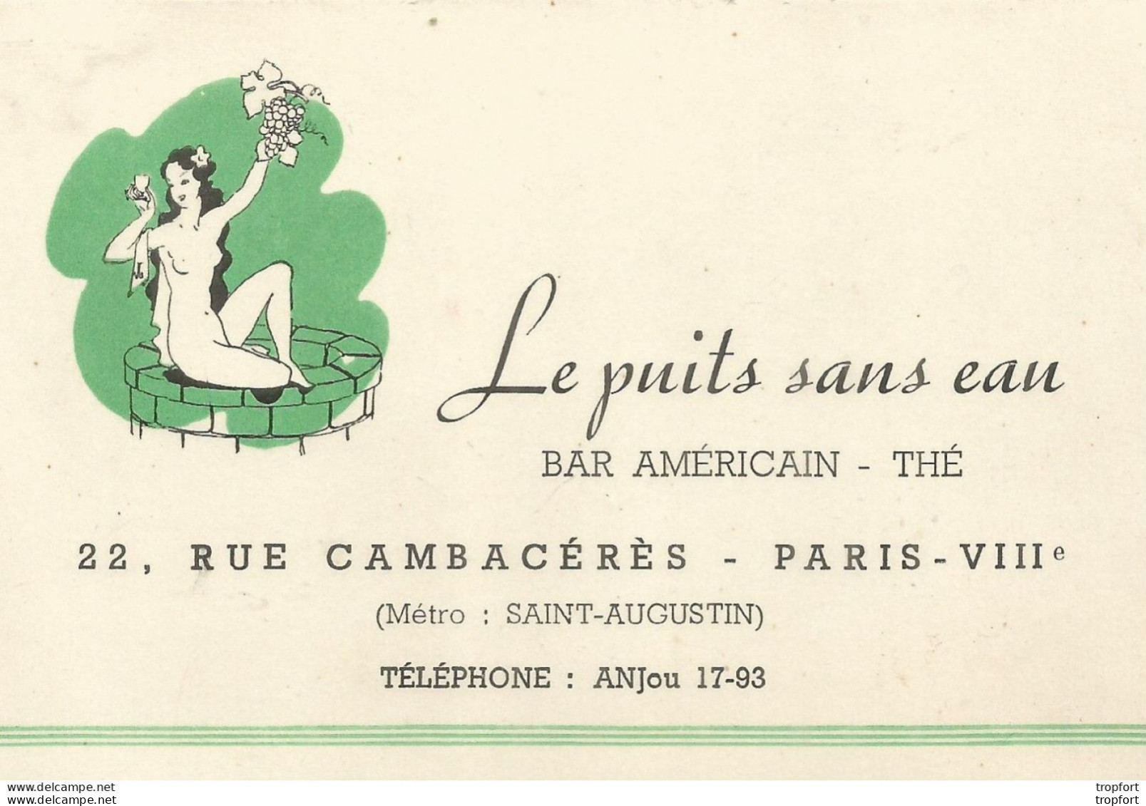 75 LE PUIT Sans EAU Rue CAMBACERES 75008 PARIS / CARTE De VISITE Publicitaire PUB Restaurant - Visitenkarten