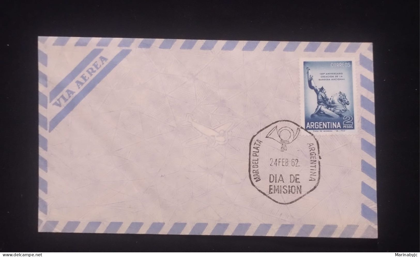 C) 1962, ARGENTINA, AIR MAIL, 150TH ANNIVERSARY OF THE NATIONAL FLAG, STATUE OF MANUEL BELGRANO. XF - Argentine