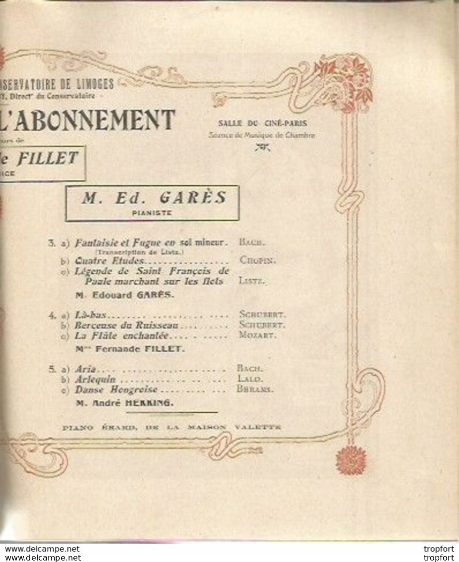 CD / PROGRAMME 1923 LIMOGES Musique CONCERT FILLET HEKKING GARES Rare PUB PANHARD - Programs