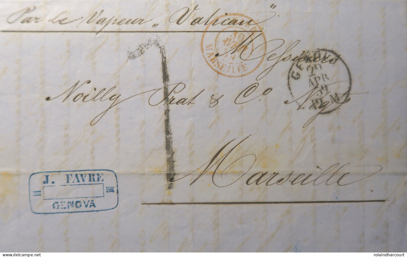 A535 - POSTE MARITIME - Lettre (LAC) GËNES (29 AVRIL 1859) à MARSEILLE Par Le Bateau Vapeur VATICAN (LIGNE D'ITALIE) - Posta Marittima