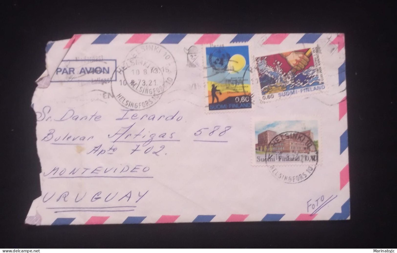 C) 1973, FINLAND, AIR MAIL SENT TO MONTEVIDEO URUGUAY, MULTIPLE STAMPS, XF - Uruguay
