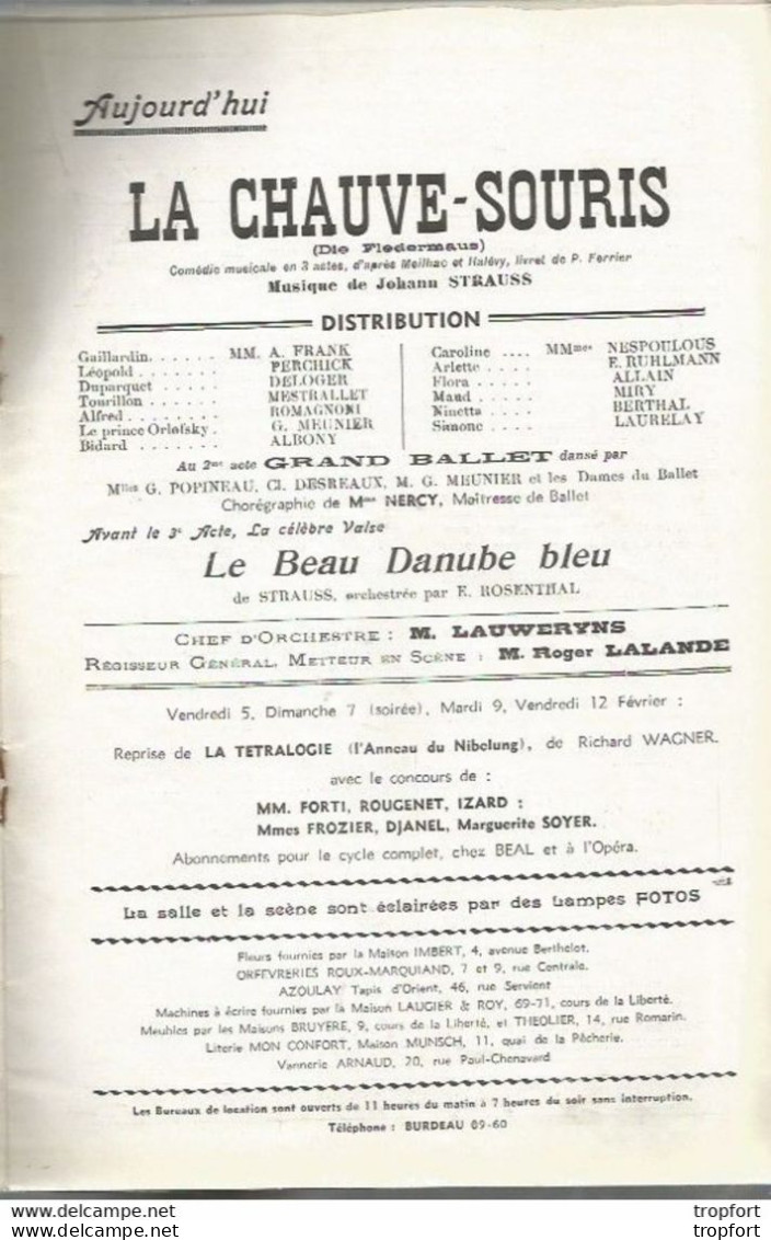 B1 / Old Theater Program // PROGRAMME Théâtre Opéra LA CHAUVE SOURIS LYON 1934 Pub Panhard Levassor - Programme
