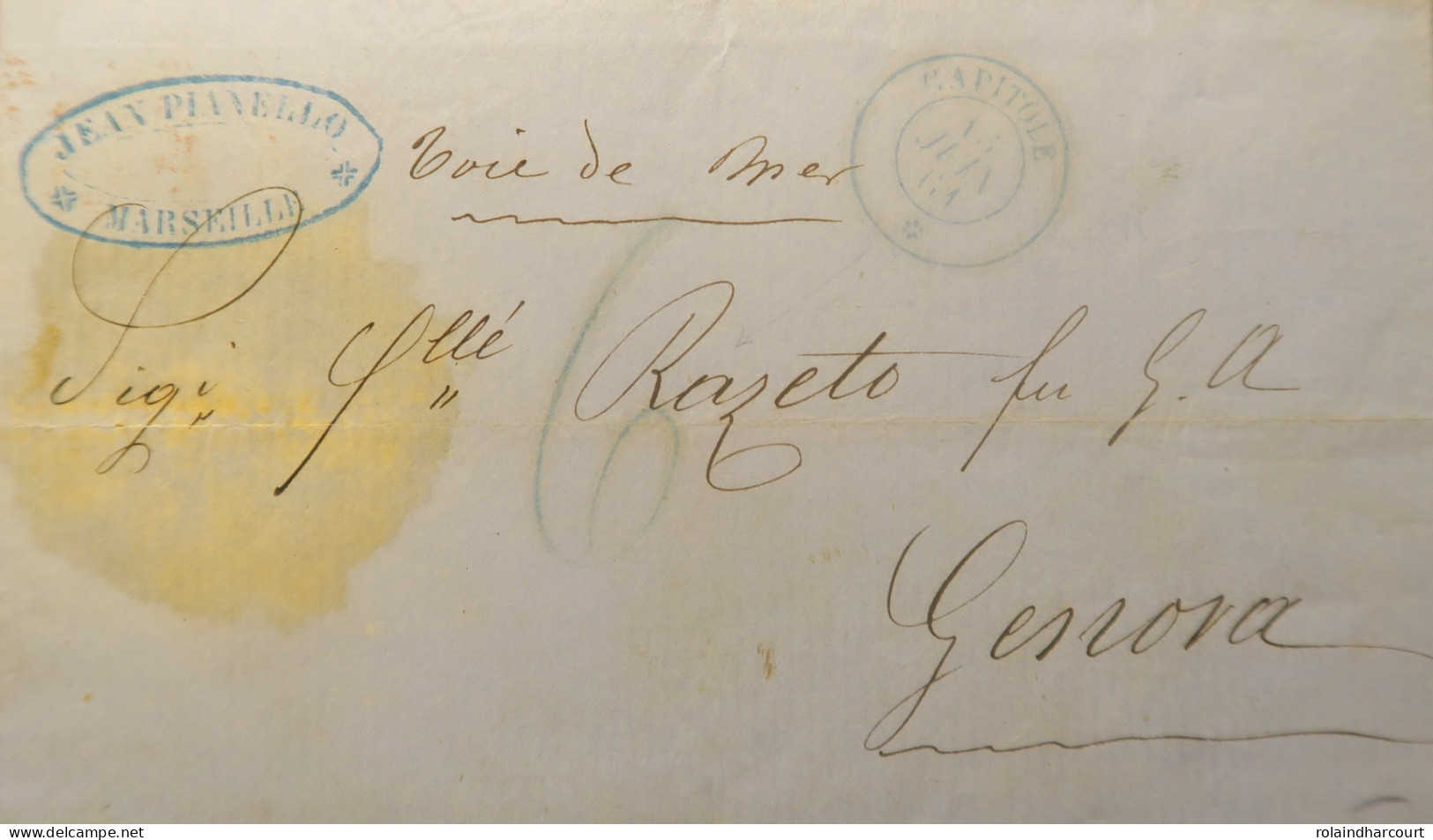 A537 - POSTE MARITIME - Lettre (LAC) MARSEILLE (13 JUIN 1861) à GÊNES Par Le PAQUEBOT Le " CAPITOLE " (LIGNE D'ITALIE) - Poste Maritime