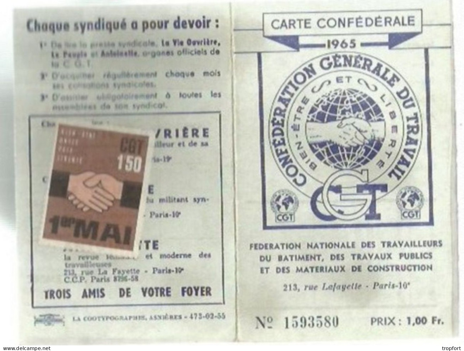 PG / CARTE 1965 SYNDICALE CGT  Avec Ses Timbres Adhèrent  SYNDICAT C.G.T TIMBRE TAMPON CACHET - Membership Cards