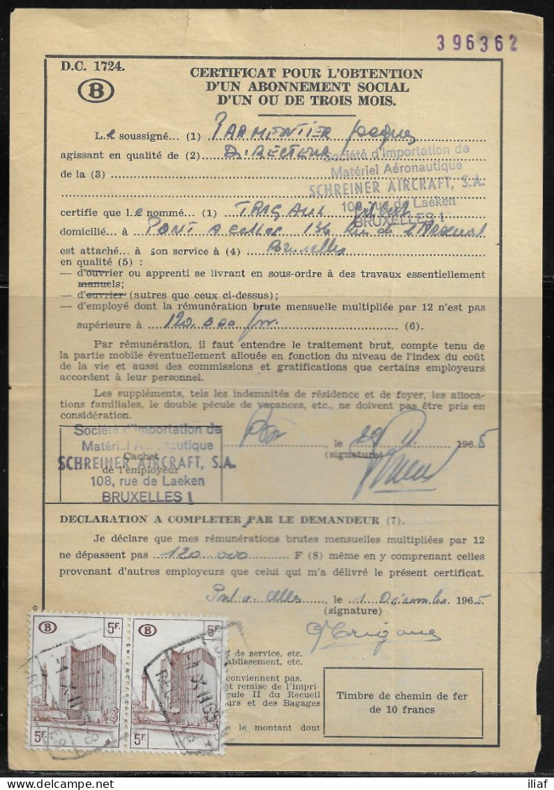 Belgium Parcel Stamps Sc. Q348 On Document DC1724 “Certificate For Obtaining A Social Subscription Of One Or Three Month - Documenten & Fragmenten