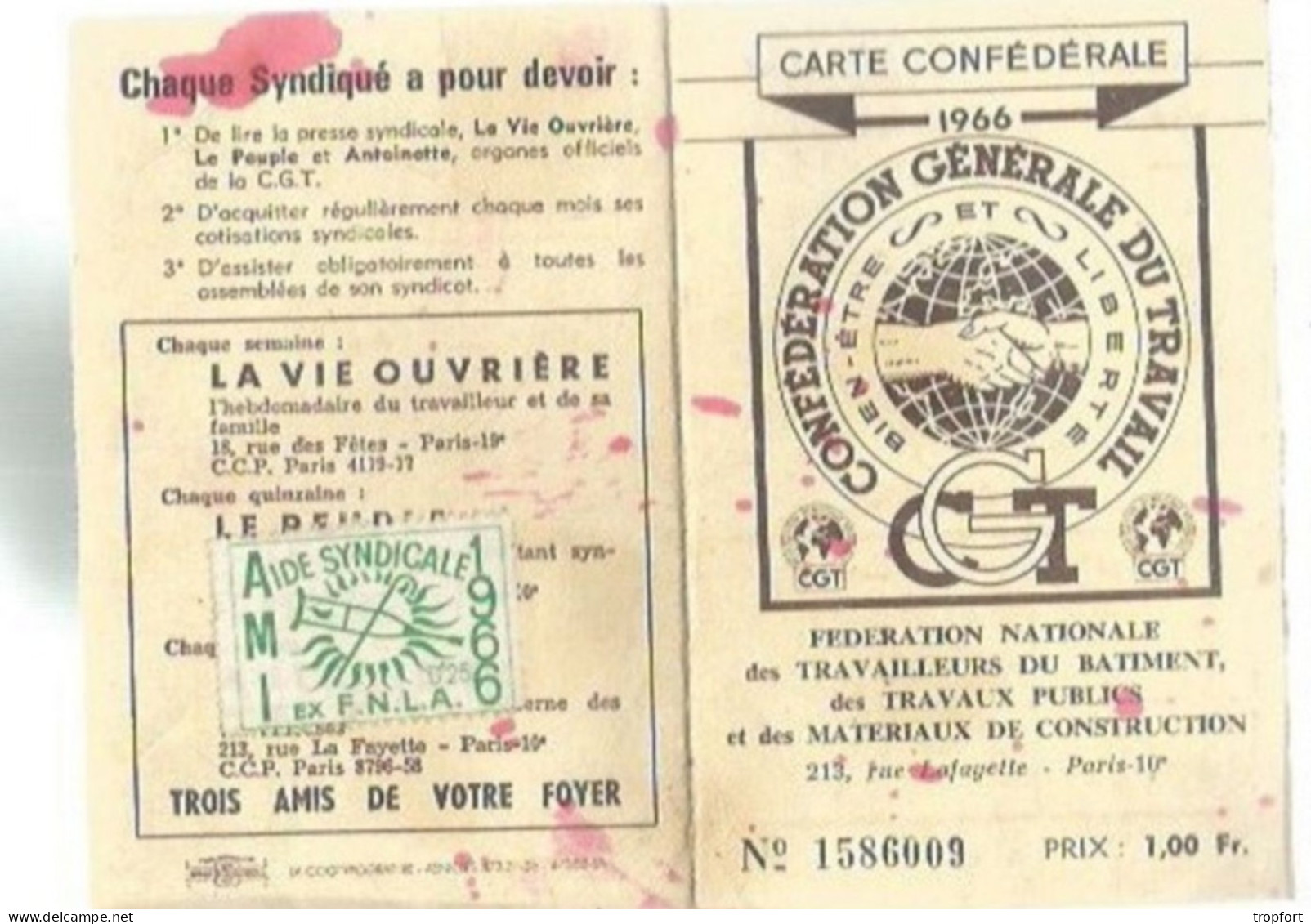 PG / CARTE 1966 SYNDICALE CGT  Avec Ses Timbres Adhèrent  SYNDICAT C.G.T  TIMBRE TAMPON CACHET - Membership Cards