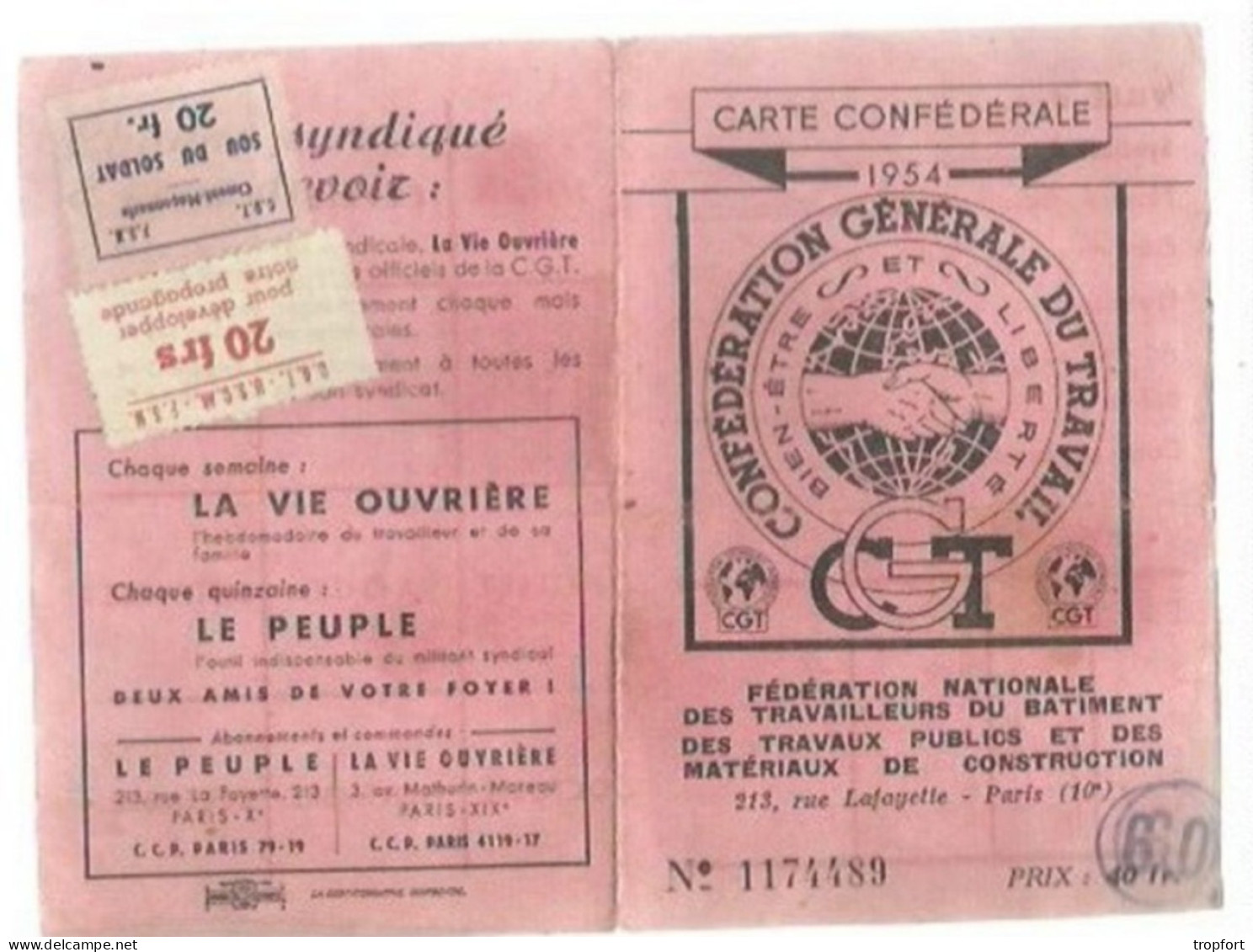 PG / CARTE 1954 SYNDICALE CGT  Avec Ses Timbres Adhèrent  SYNDICAT C.G.T  TIMBRE TAMPON CACHET - Membership Cards