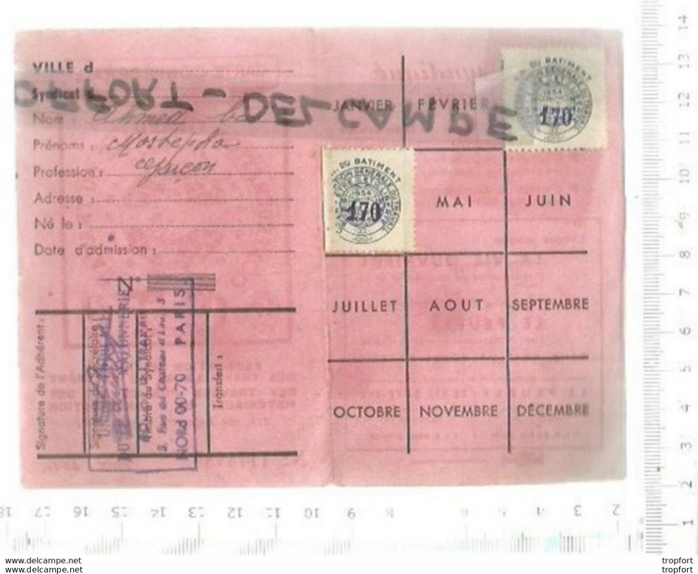 PG / CARTE 1954 SYNDICALE CGT  Avec Ses Timbres Adhèrent  SYNDICAT C.G.T  TIMBRE TAMPON CACHET - Tarjetas De Membresía