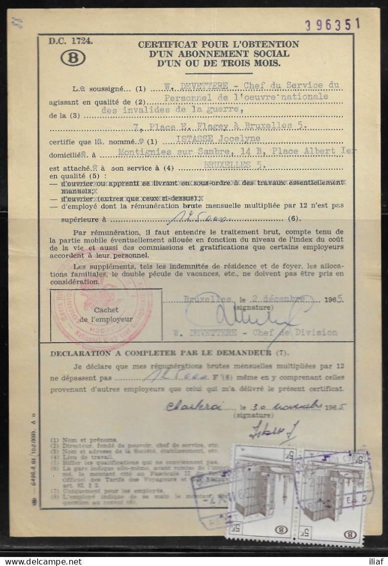 Belgium Parcel Stamps Sc. Q348 On Document DC1724 “Certificate For Obtaining A Social Subscription" Charleroi 2.12.65 - Dokumente & Fragmente